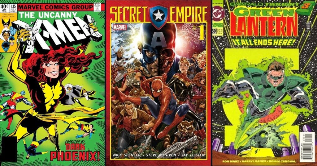 Capas de Uncanny X-Men nº 135 (Fênix Negra), Secret Empire nº 1 e Green Lantern nº 50 (Parallax), lado a lado
