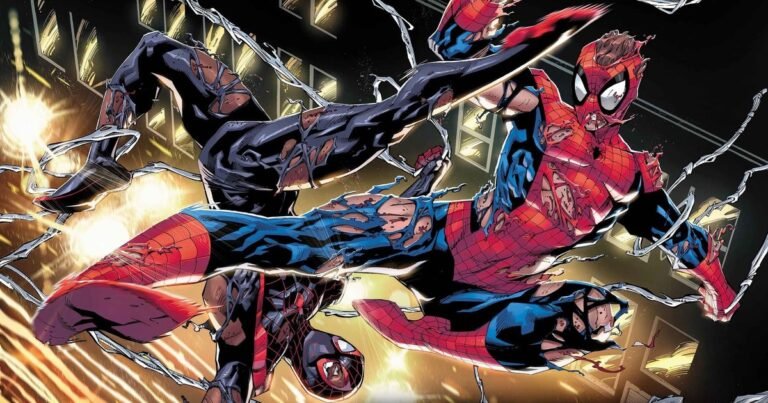 Peter Parker e Miles Morales, os dois Homens-Aranha, na arte promocional de Crisis of Faith, de Ryan Stegman