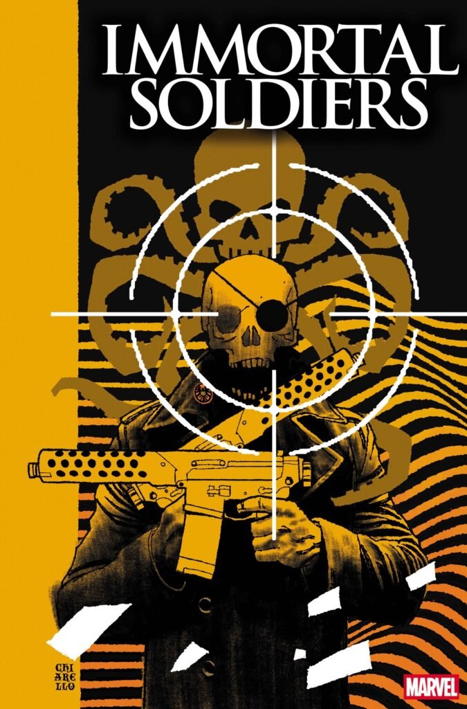 Capa de Immortal Soldiers #1, com uma caveira na mira de um rifle sobre fundo amarelo