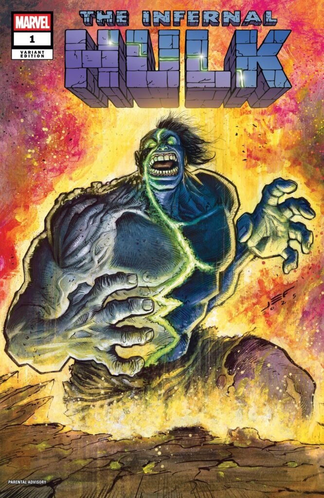 Capa variante de Infernal Hulk #1, com o Hulk Infernal surgindo das chamas