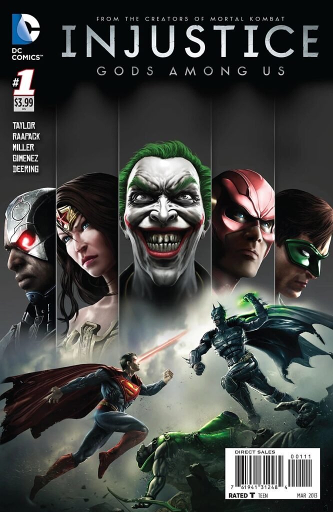 Capa de Injustice: Gods Among Us #1, a HQ derivada do jogo, com o Coringa no centro e os heróis da DC