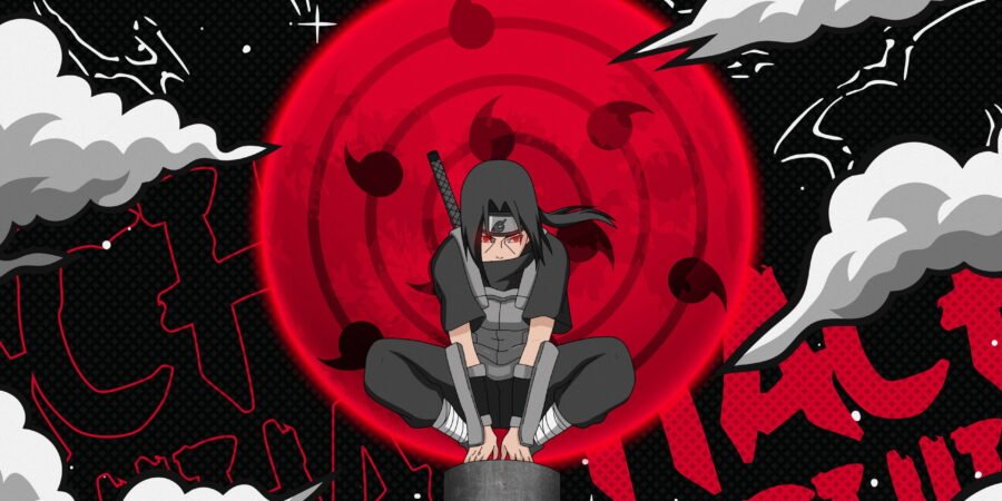 Itachi com Sharingan e manto da Akatsuki