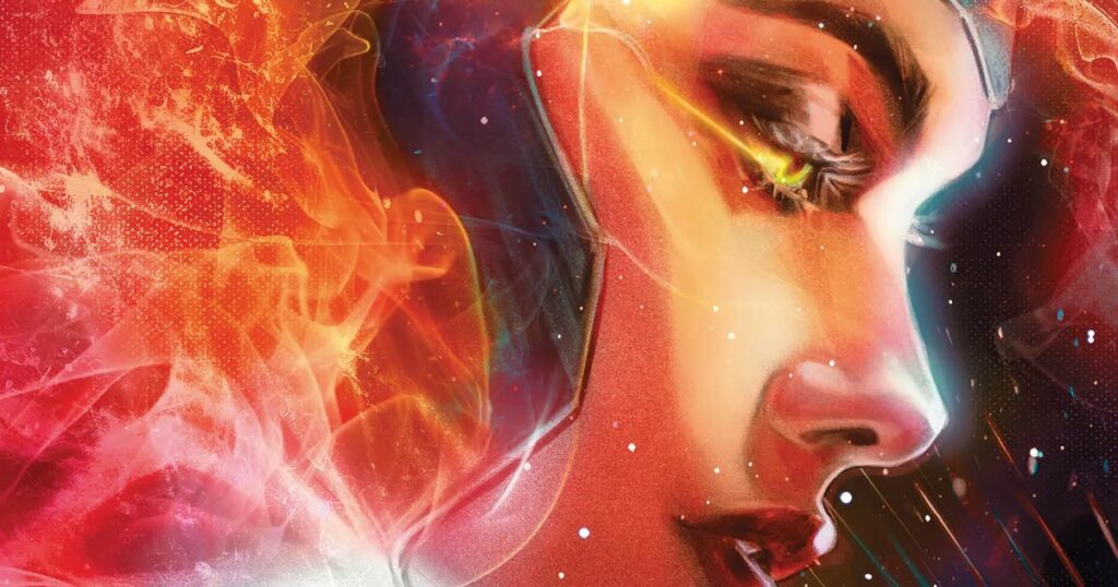 Capa principal oficial de Jean Grey #1, por Joëlle Jones: o rosto de Jean Grey de perfil, envolto pelas chamas da Fênix