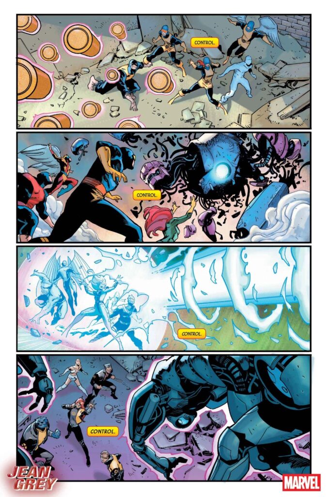 Página oficial da prévia de Jean Grey #1: quatro quadros de batalhas dos X-Men contra robôs gigantes, com a palavra controle repetida em cada um