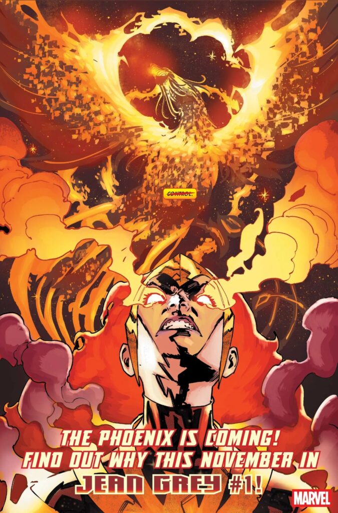 Arte promocional oficial de Jean Grey #1: a Fênix em chamas surge acima de Jean Grey, de olhos brilhando, com o aviso The Phoenix is coming