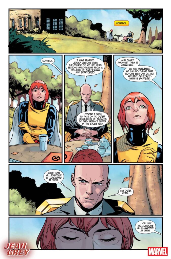 Página oficial da prévia de Jean Grey #1: em um flashback, o Professor X ensina a jovem Jean sobre controle e diz que ela pode matar alguém só de pensar