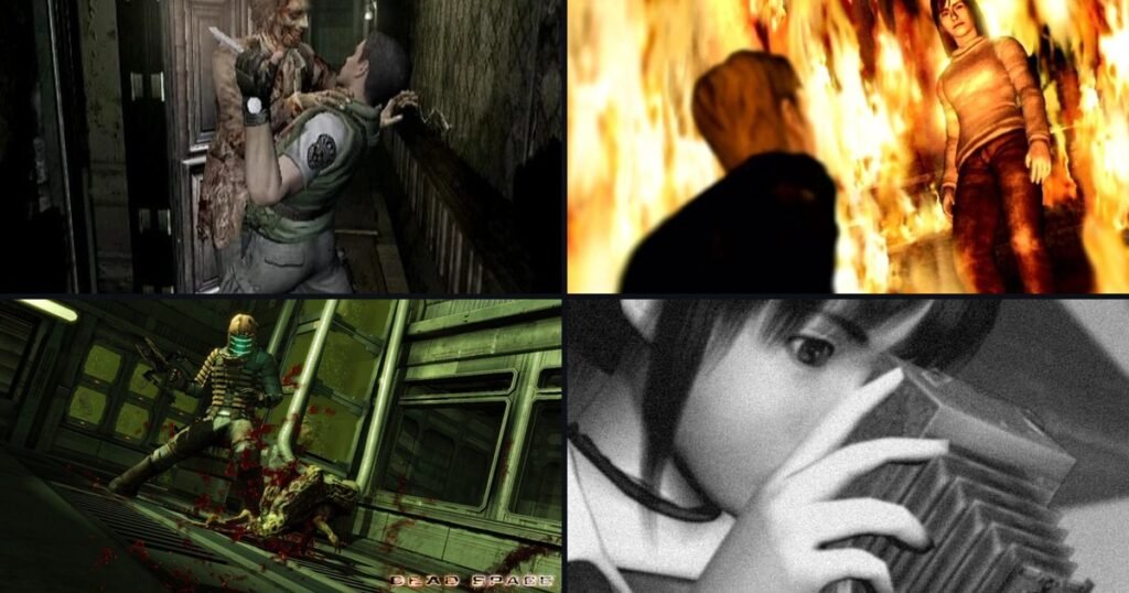 Cenas de Resident Evil (1996), Silent Hill 2, Dead Space (2008) e Fatal Frame, jogos de terror clássicos