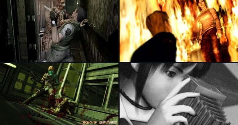 Cenas de Resident Evil (1996), Silent Hill 2, Dead Space (2008) e Fatal Frame, jogos de terror clássicos