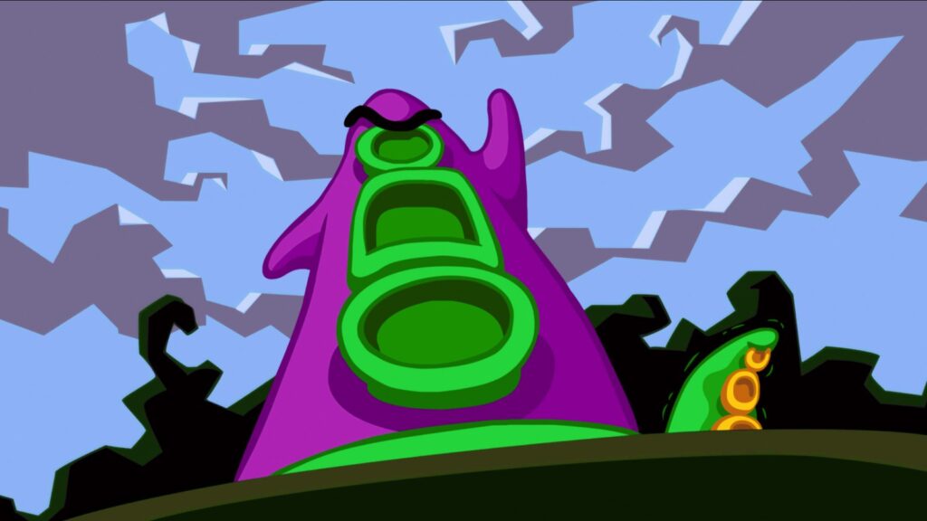 O Tentáculo Roxo, vilão de Day of the Tentacle, aparece gigante sob um céu tempestuoso na versão remasterizada da Double Fine