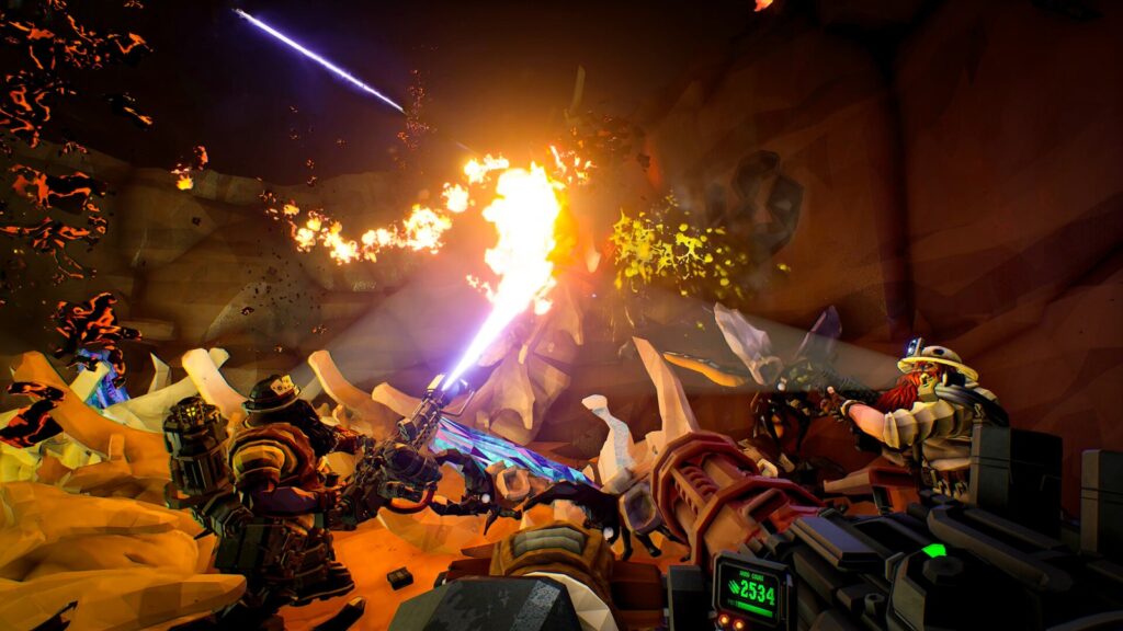 Anões mineradores enfrentam insetos alienígenas com lança-chamas e metralhadora dentro de uma caverna em Deep Rock Galactic