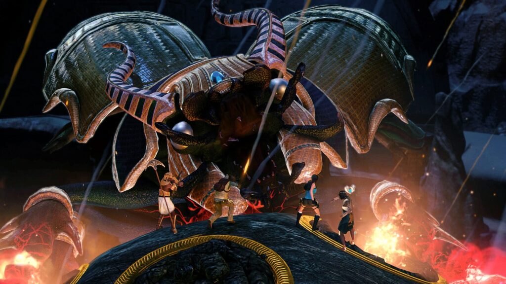 Lara Croft e mais três heróis encaram um chefe gigante em forma de escaravelho em cena oficial de Lara Croft and the Temple of Osiris