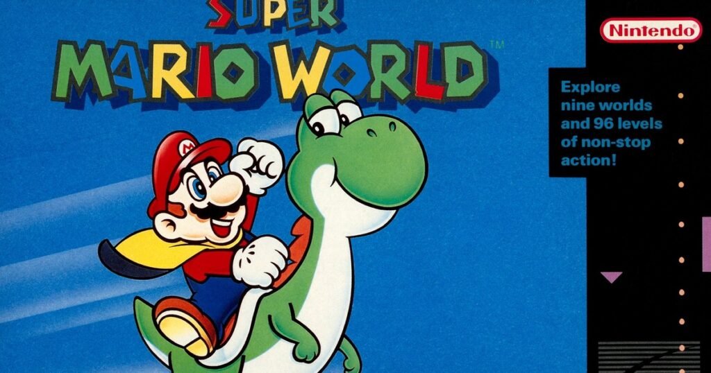 Caixa de Super Mario World para Super Nintendo, com Mario montado no Yoshi