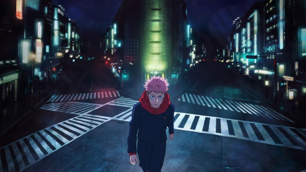Yuji Itadori caminha sozinho por uma rua de Shibuya à noite em arte de Jujutsu Kaisen