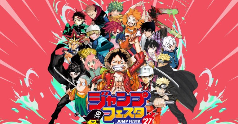 Key visual oficial da Jump Festa 2027 com Luffy no centro, cercado por Naruto, Tanjiro, Yuji Itadori, Denji, Anya, Deku, Hinata e outros heróis da Shonen Jump