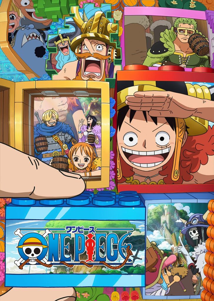 Luffy faz continência sorrindo, cercado por Zoro, Nami, Usopp, Sanji, Chopper, Robin, Franky, Brook e Jinbe, em arte oficial do anime de One Piece