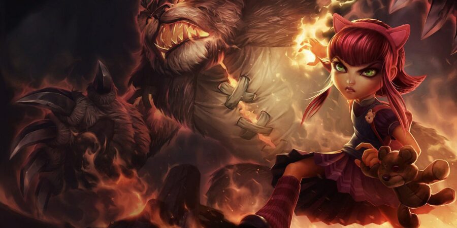 Annie e o urso Tibbers na arte oficial da campeã em League of Legends