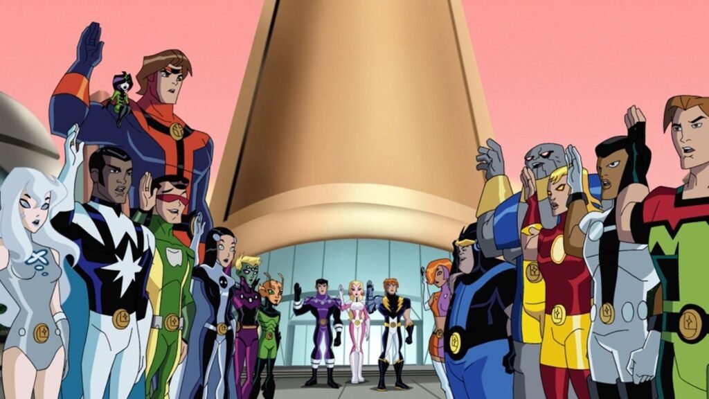 A Legião dos Super-Heróis reunida diante do quartel-general em forma de foguete no desenho Legião dos Super Heróis (2006)