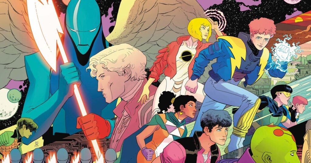 Jovens heróis da nova Legião dos Super-Heróis, com o Rapaz Relâmpago ao centro, na arte de capa de Legion of Super-Heroes #1 (2026), de Hayden Sherman