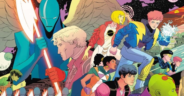 Jovens heróis da nova Legião dos Super-Heróis, com o Rapaz Relâmpago ao centro, na arte de capa de Legion of Super-Heroes #1 (2026), de Hayden Sherman