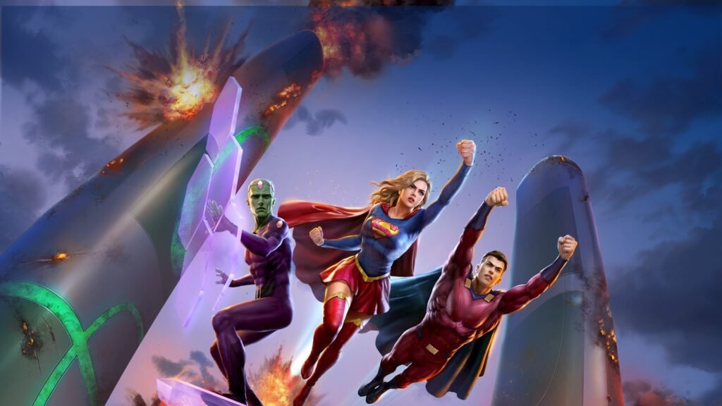 Supergirl e Brainiac 5 voando com a Legião em arte oficial do filme animado Legião dos Super-Heróis (2023)