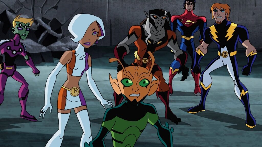 Brainiac 5, Moça Fantasma, Lobo Cinzento, Superman, Rapaz Relâmpago e Rapaz Camaleão no desenho Legião dos Super Heróis (2006)