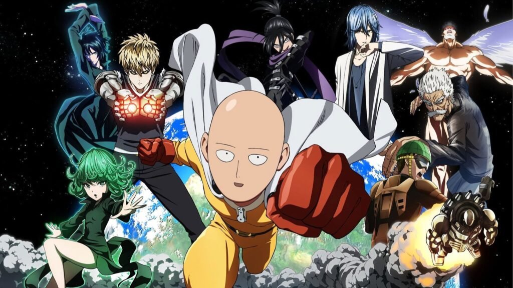 Saitama e heróis Classe S da Associação de Heróis em One-Punch Man