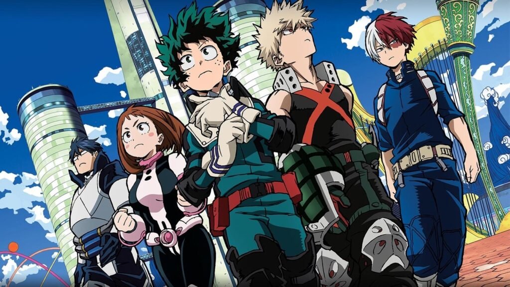 A Classe 1-A de uniforme de herói em My Hero Academia