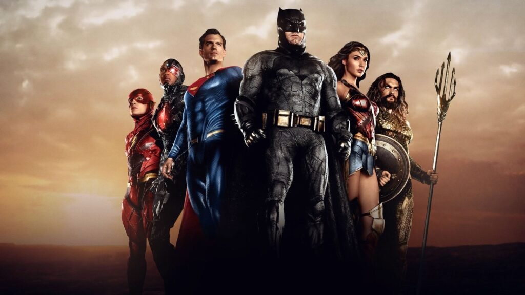 Superman, Batman, Mulher-Maravilha, Flash, Aquaman e Ciborgue em Liga da Justiça de Zack Snyder