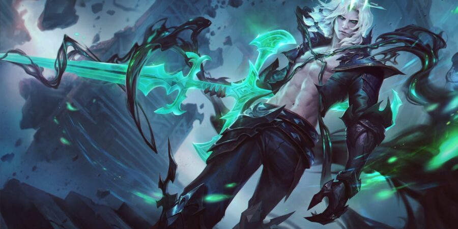 Viego, o Rei Destruído, com a espada na arte oficial do campeão de League of Legends