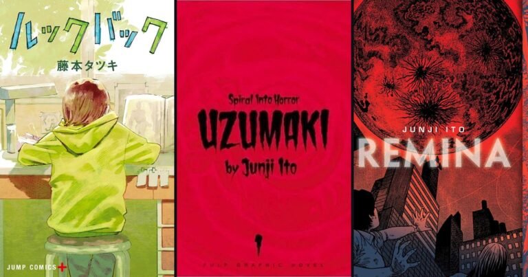 Capas dos mangás curtos Look Back, Uzumaki volume 1 e Remina, lado a lado