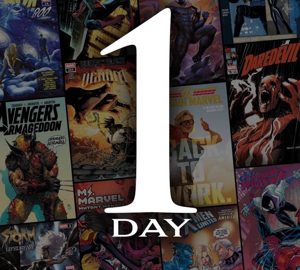 Teaser "1 Day" da Marvel, um número 1 gigante sobre capas como Amazing Spider-Man, Daredevil, Captain Marvel e X-Men United