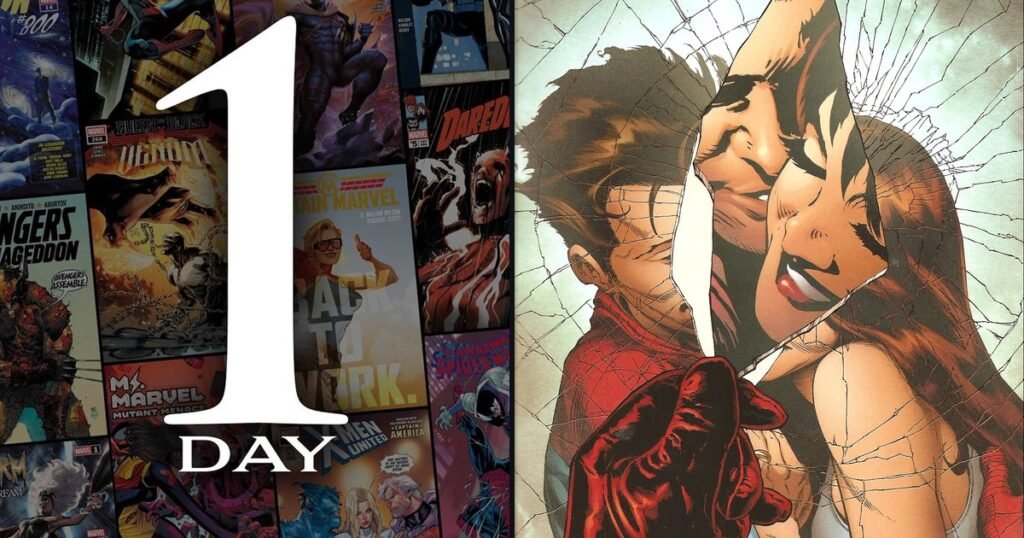 O teaser "1 Day" da Marvel ao lado da capa de Amazing Spider-Man nº 545, de One More Day, com Peter e Mary Jane num espelho quebrado