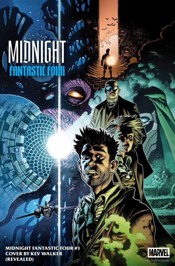 Capa revelada de Midnight Fantastic Four #1, de Kev Walker, com um cientista em primeiro plano, um portal de luz e figuras sombrias atrás