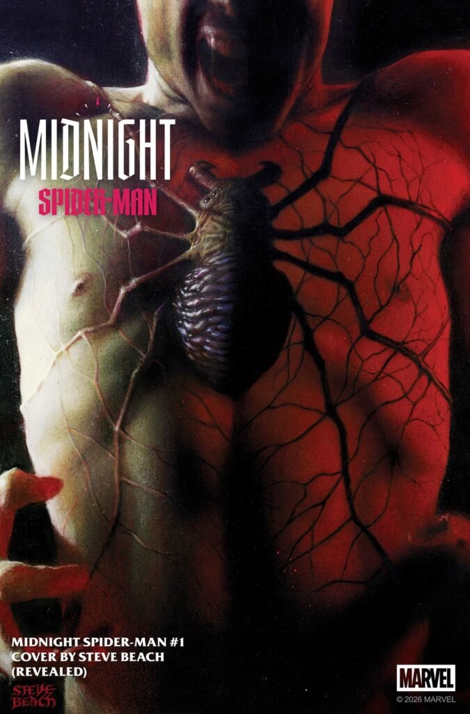 Capa revelada de Midnight Spider-Man #1, de Steve Beach, com um corpo deformado em tons de vermelho e uma aranha no peito