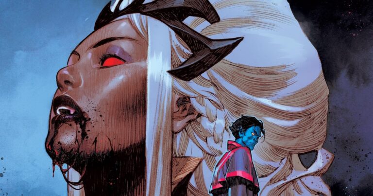 Tempestade como vampira, de olhos vermelhos e cabelo branco, com Noturno à frente, na capa revelada de Midnight X-Men #1, arte de Dike Ruan