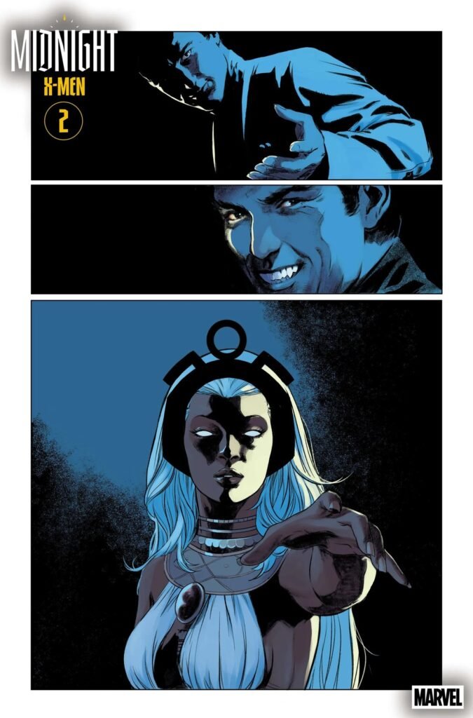 Página interna de Midnight X-Men #2, de Matteo Della Fonte, com Tempestade em quadros escuros azulados