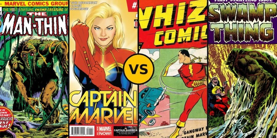 Marvel x DC: capas de Man-Thing nº 1 e Captain Marvel nº 1 (Marvel) contra Whiz Comics nº 2, com o Capitão Marvel (Shazam), e Swamp Thing nº 1 (DC)