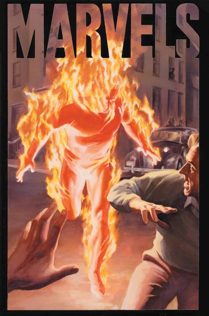 O Tocha Humana original na capa pintada por Alex Ross de Marvels #1