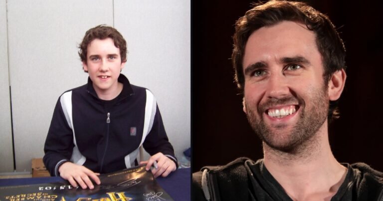 Matthew Lewis aos 14 anos, em 2003, ao lado de Matthew Lewis em 2019, aos 29 anos, sorrindo de barba