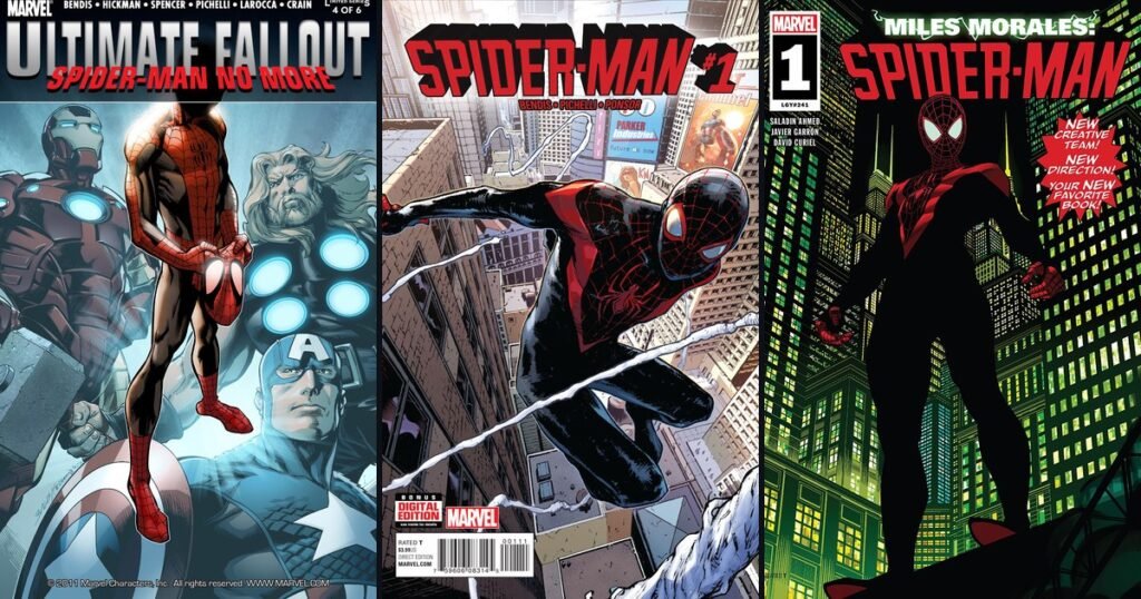 Capas de Ultimate Fallout nº 4 (estreia de Miles Morales), Spider-Man nº 1 (2016) e Miles Morales: Spider-Man nº 1, lado a lado