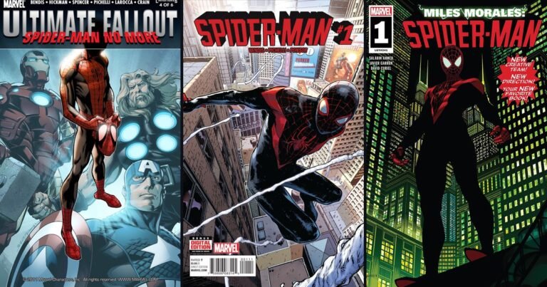Capas de Ultimate Fallout nº 4 (estreia de Miles Morales), Spider-Man nº 1 (2016) e Miles Morales: Spider-Man nº 1, lado a lado
