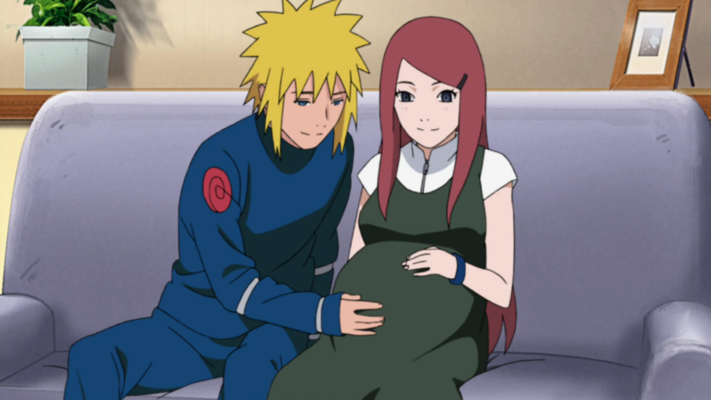 Minato e Kushina juntos em casa, com Kushina grávida — Naruto Shippuden ep. 350 (conforme a Wiki)