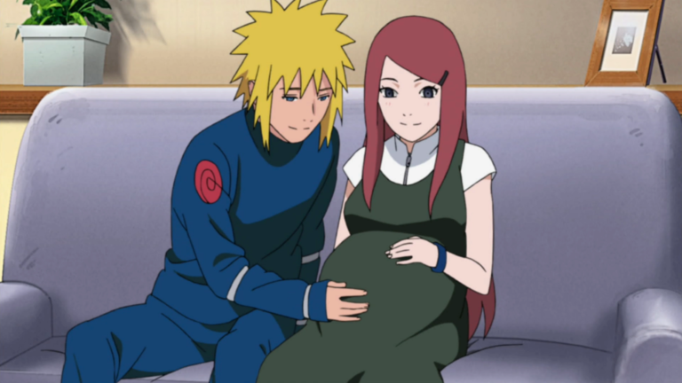 Minato e Kushina juntos em casa, com Kushina grávida — Naruto Shippuden ep. 350 (conforme a Wiki)