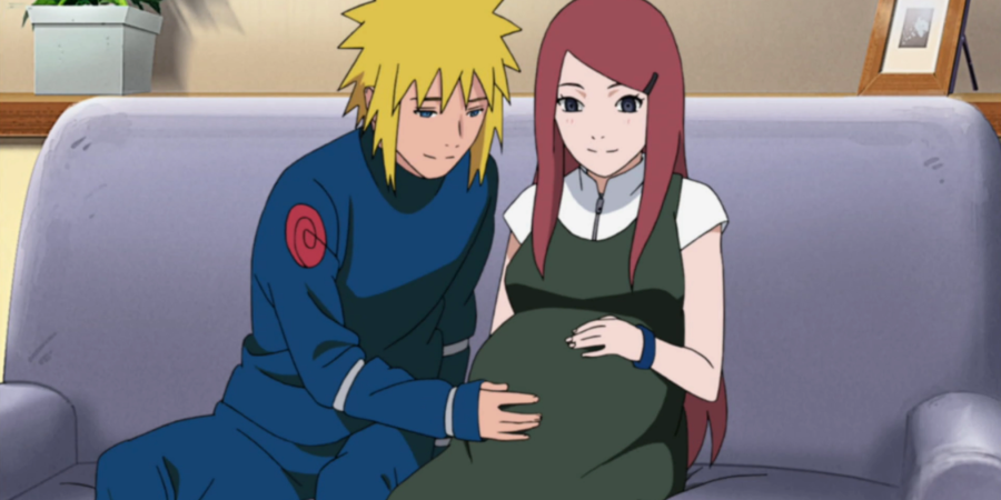 Minato e Kushina juntos em casa, com Kushina grávida — Naruto Shippuden ep. 350 (conforme a Wiki)