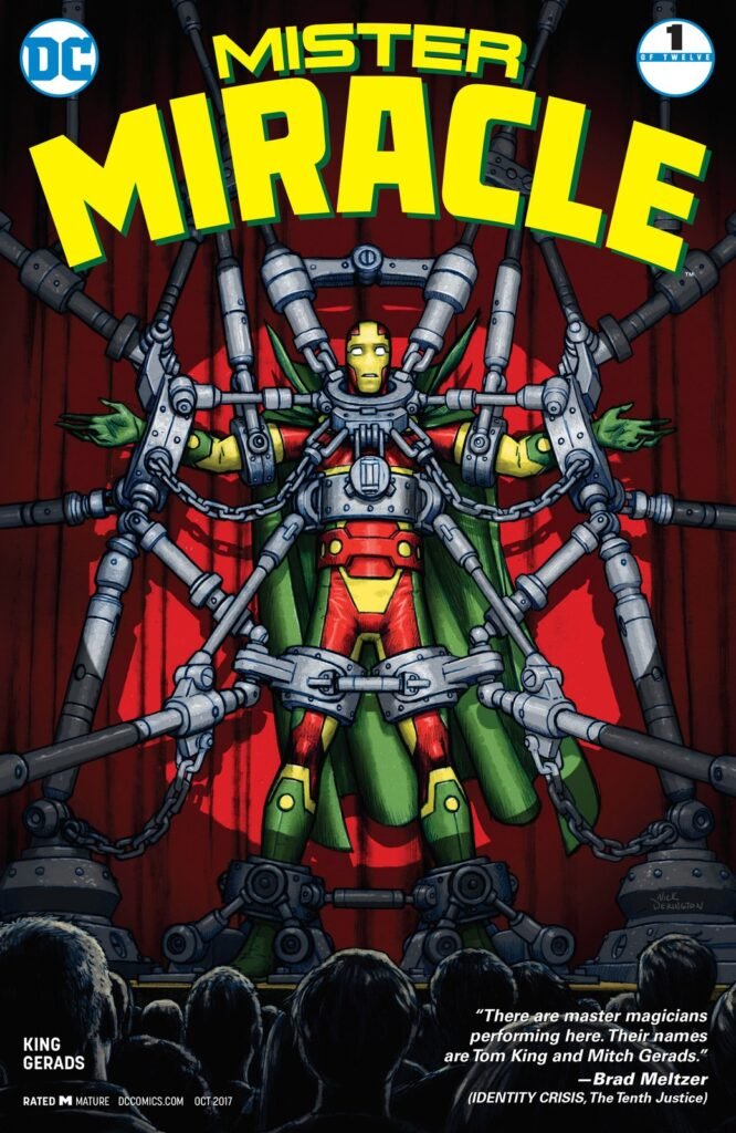 Capa de Senhor Milagre #1, de Nick Derington, com o herói preso numa armadilha mecânica