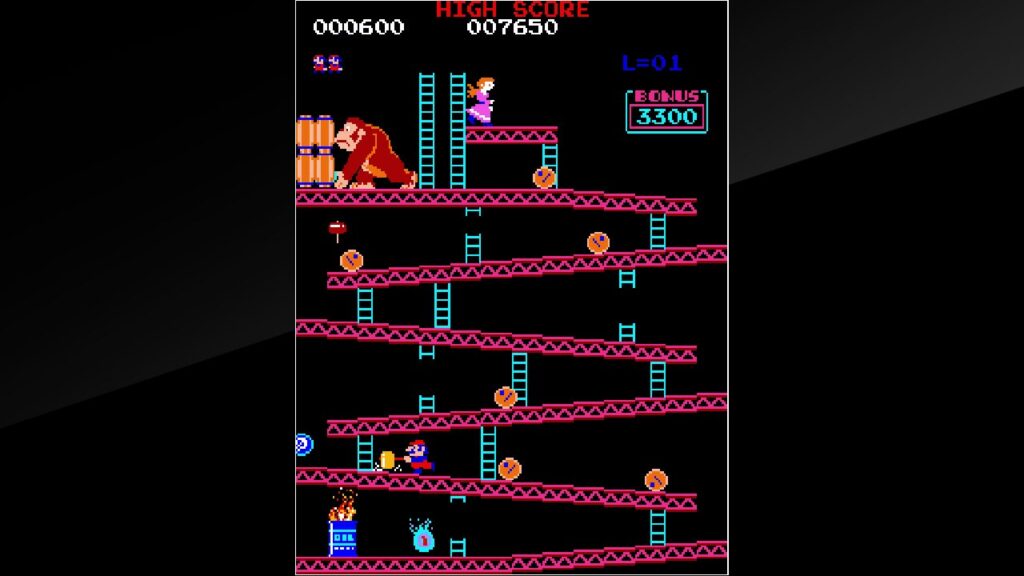 Primeira fase de Donkey Kong: o gorila no alto das vigas jogando barris e o Jumpman, que viraria o Mario, embaixo, na versão Arcade Archives para Switch