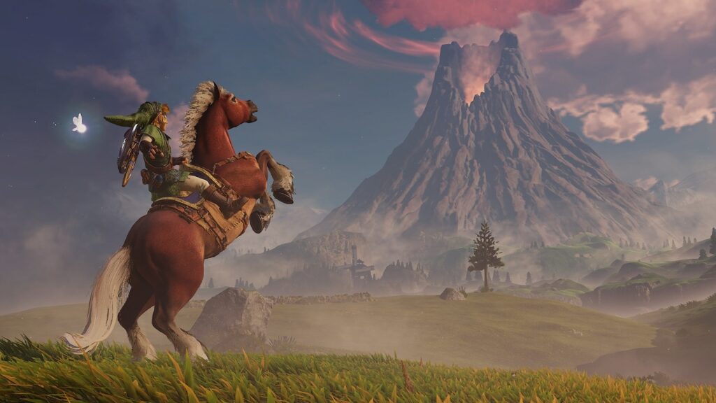 Link adulto empina a égua Epona no Campo de Hyrule, com a Montanha da Morte ao fundo, no novo Ocarina of Time do Switch 2
