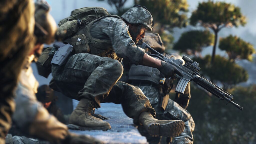 Soldados do esquadrão sul-coreano avançam agachados com fuzis em cena oficial da campanha de Modern Warfare 4