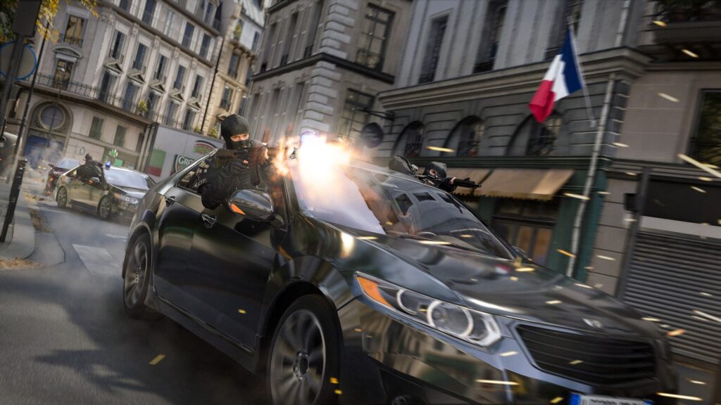 Homens mascarados atiram de dentro de um carro em perseguição por uma rua de Paris em Modern Warfare 4