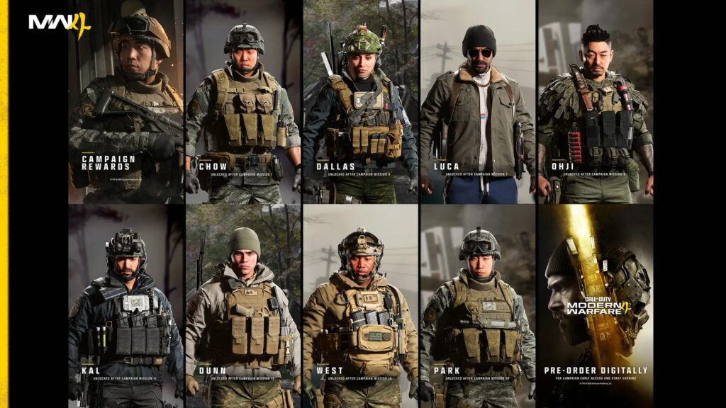 Arte oficial com os operadores Cho, Dallas, Luca, Oh-Ji, Kal, Dunn, West e Park, recompensas da campanha de Modern Warfare 4